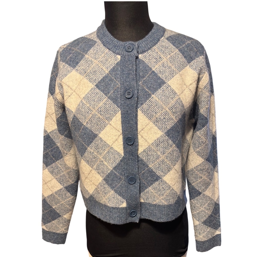 Rita Ora x Primark Blue Beige Argyle Diamond Pattern Cropped Cardigan Sweater M